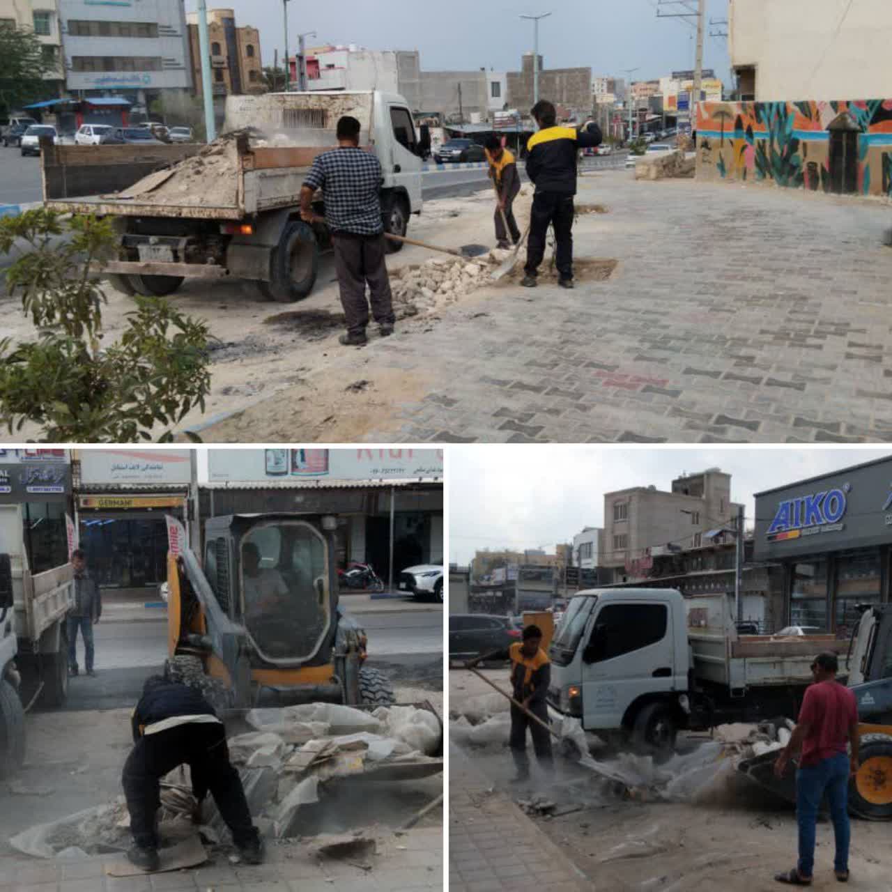 پاکسازی و جمع آوری نخاله‌های رها شده در محدوده بازار قدیم توسط خدمات شهری شهرداری قشم