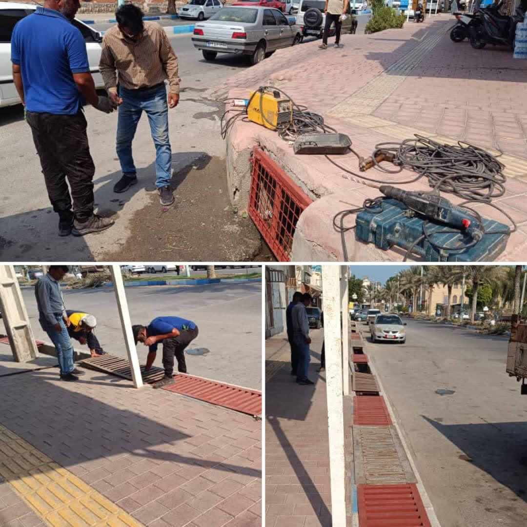 نصب دریچه‌های فلزی بر روی کانال‌های روباز بلوار شهید رجایی قشم