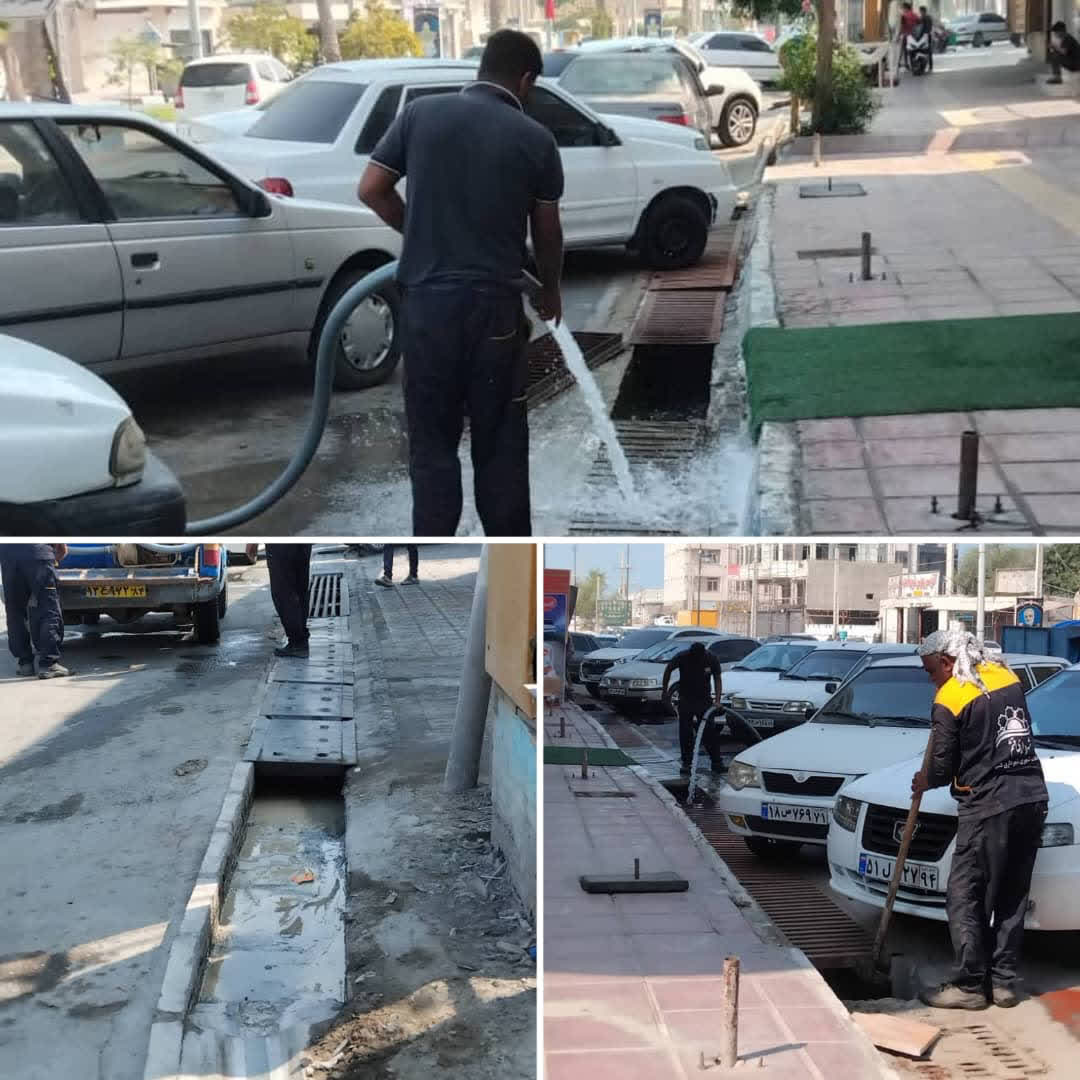 لایروبی هفتگی کانال‌های فاضلاب و دفع آب‌های سطحی در بلوار شهید رجایی قشم